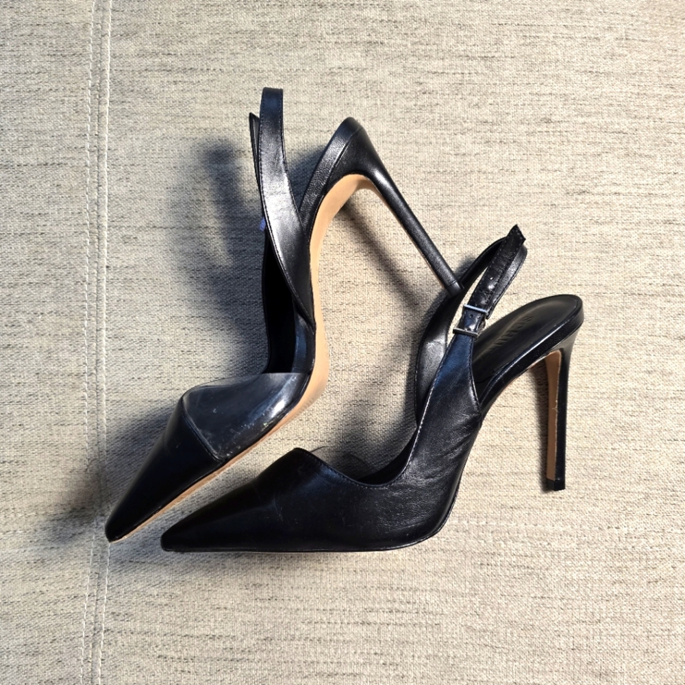 Schutz • Emma Black Leather and Clear Vinyl Pointed-Toe Slingback Pumps Sz 8 - Picture 6 of 11